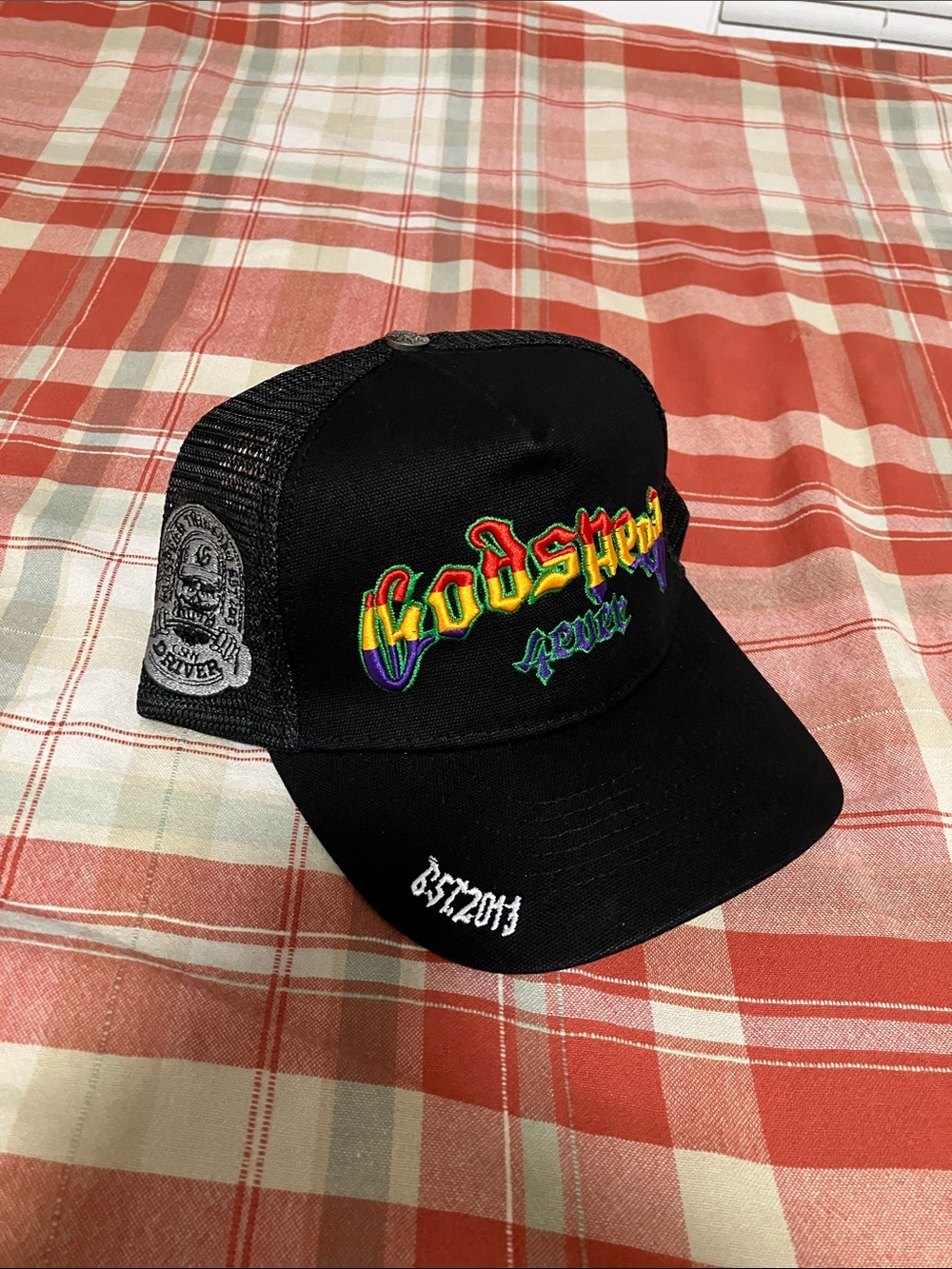 Black Trucker Hat with Rainbow Embroidered 'Godspeed' Logo